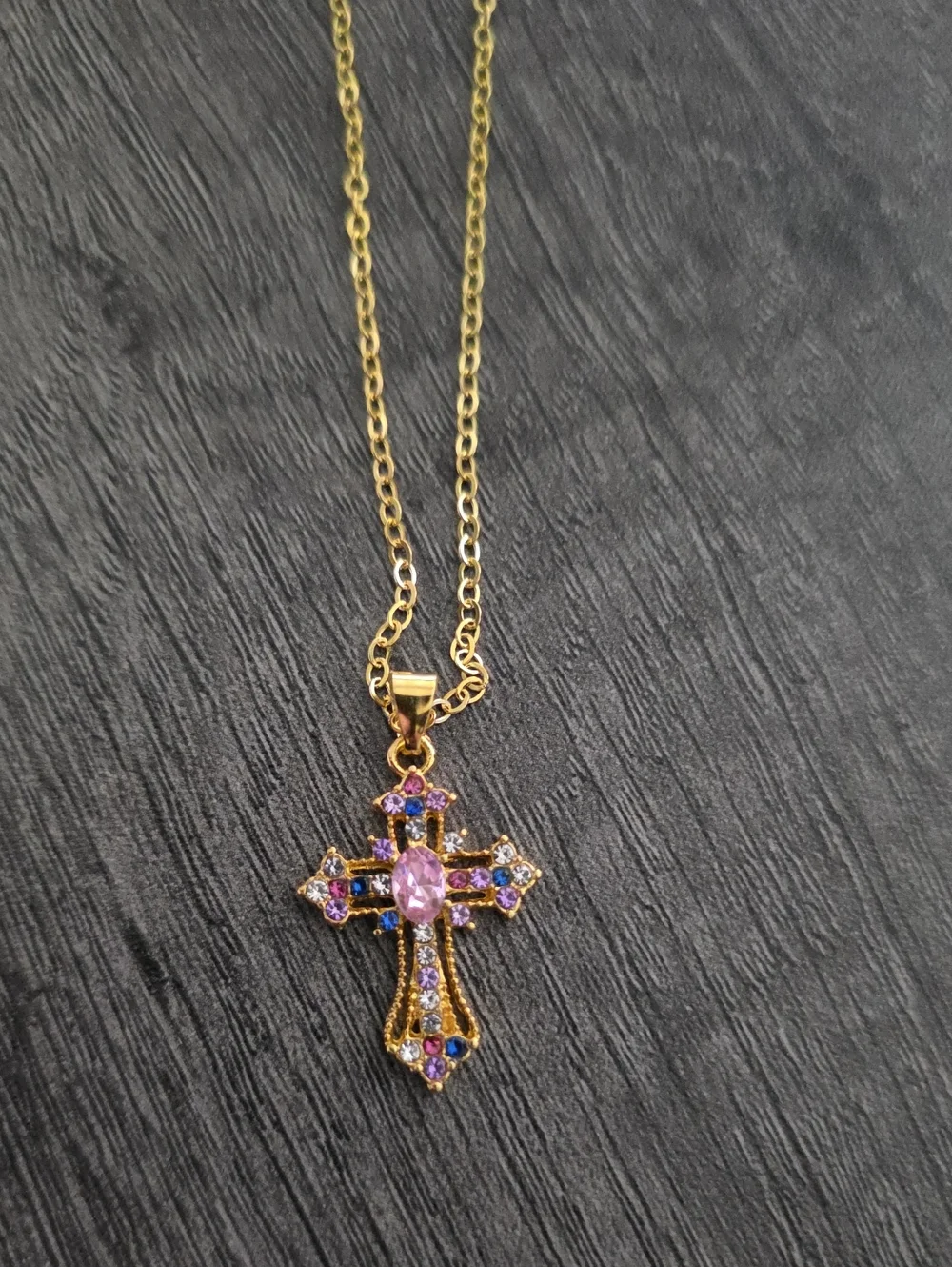 Gold Cross Pendant Necklace with Pink and Purple Stones